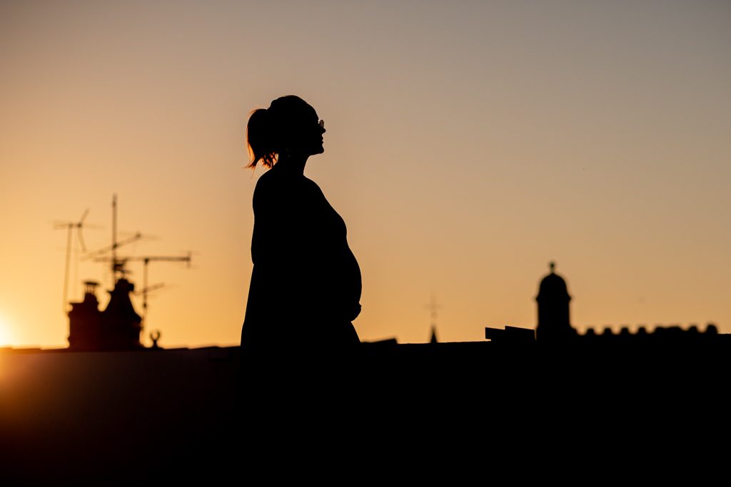 Silhouette d'une femme enceinte sur les toits de Toulouse