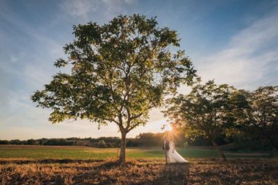 Mariés dans les champs au coucher du soleil photographe mariage toulouse