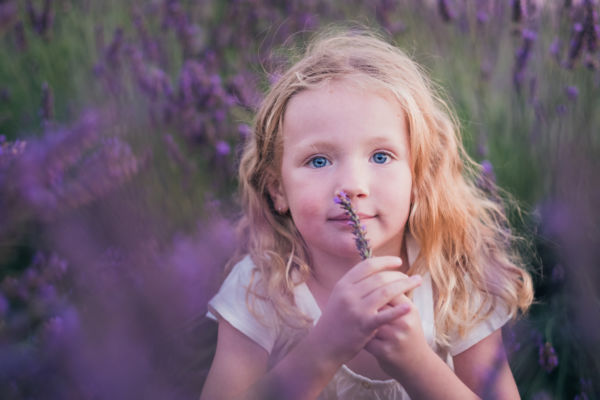 Portrait d'une petite fille blonde qui sent un brin de lavande